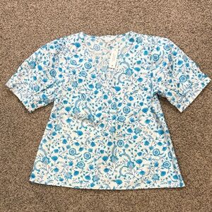 Draper James Turquoise White Floral Puff Sleeve V-neck Blouse NWT Medium